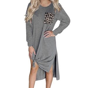 175. NWOT! Long Sleeve Gray T-Shirt Midi Dress, Slit Sides, Animal Print Pocket
